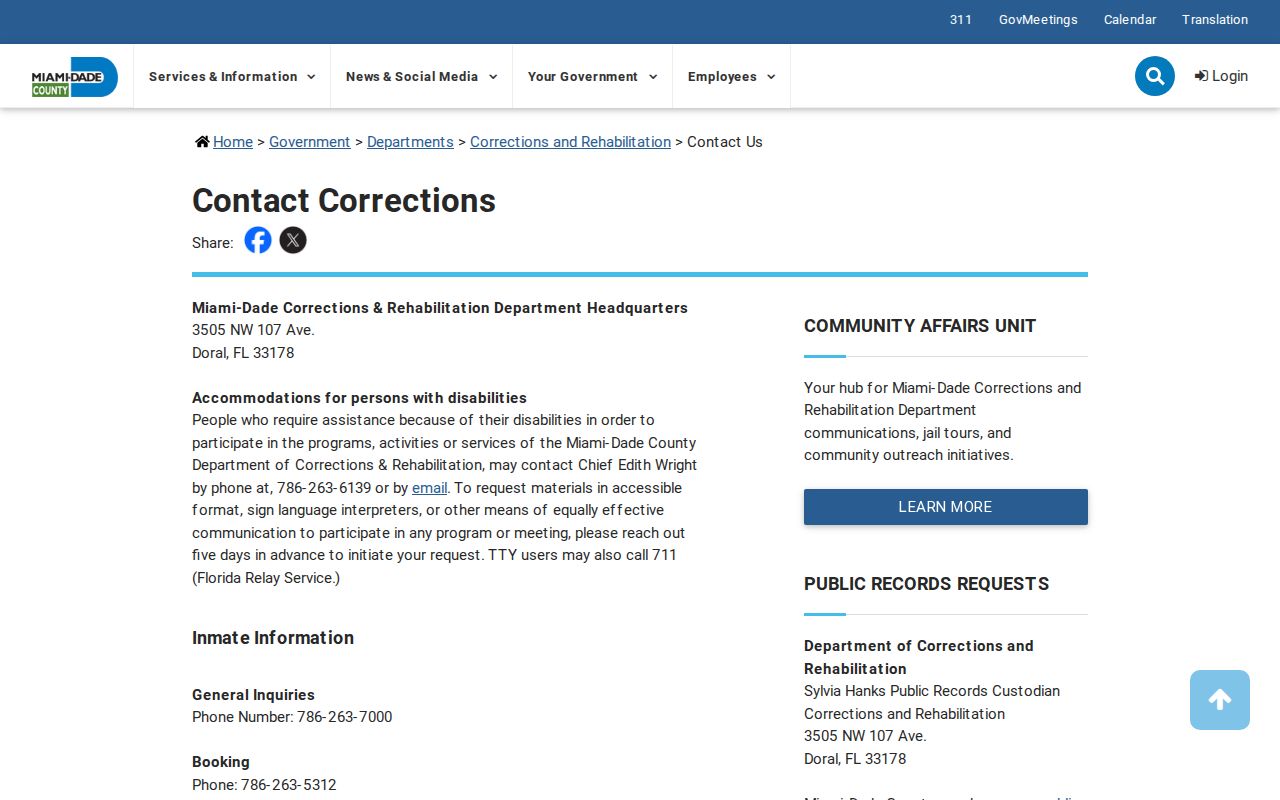 Miami-Dade County arrest history Corrections facilities contacts