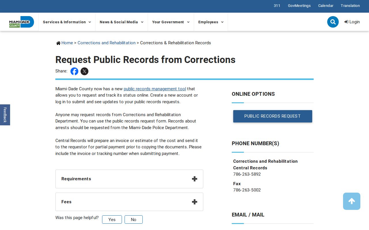 Miami-Dade County arrest history Corrections record request