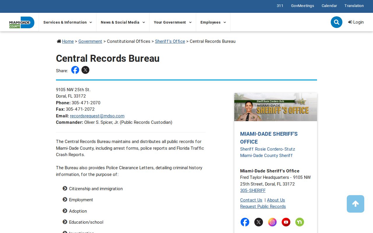 Miami-Dade County arrest history MDSO Central Records