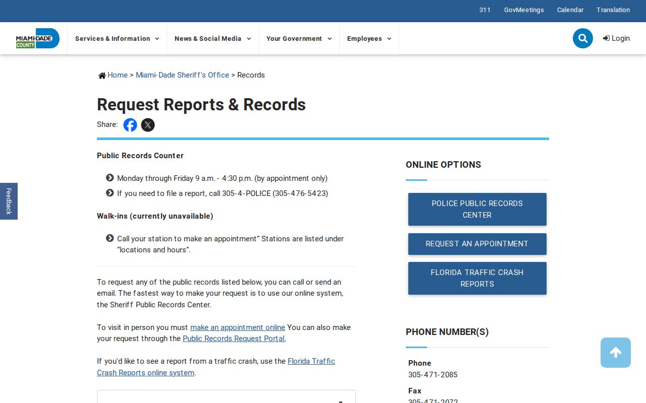 Miami-Dade County arrest history MDSO record request