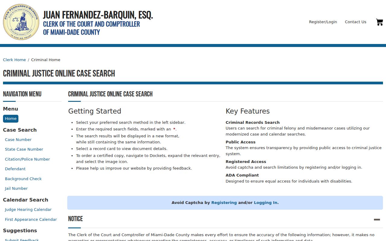 Miami-Dade County criminal court case CJIS search