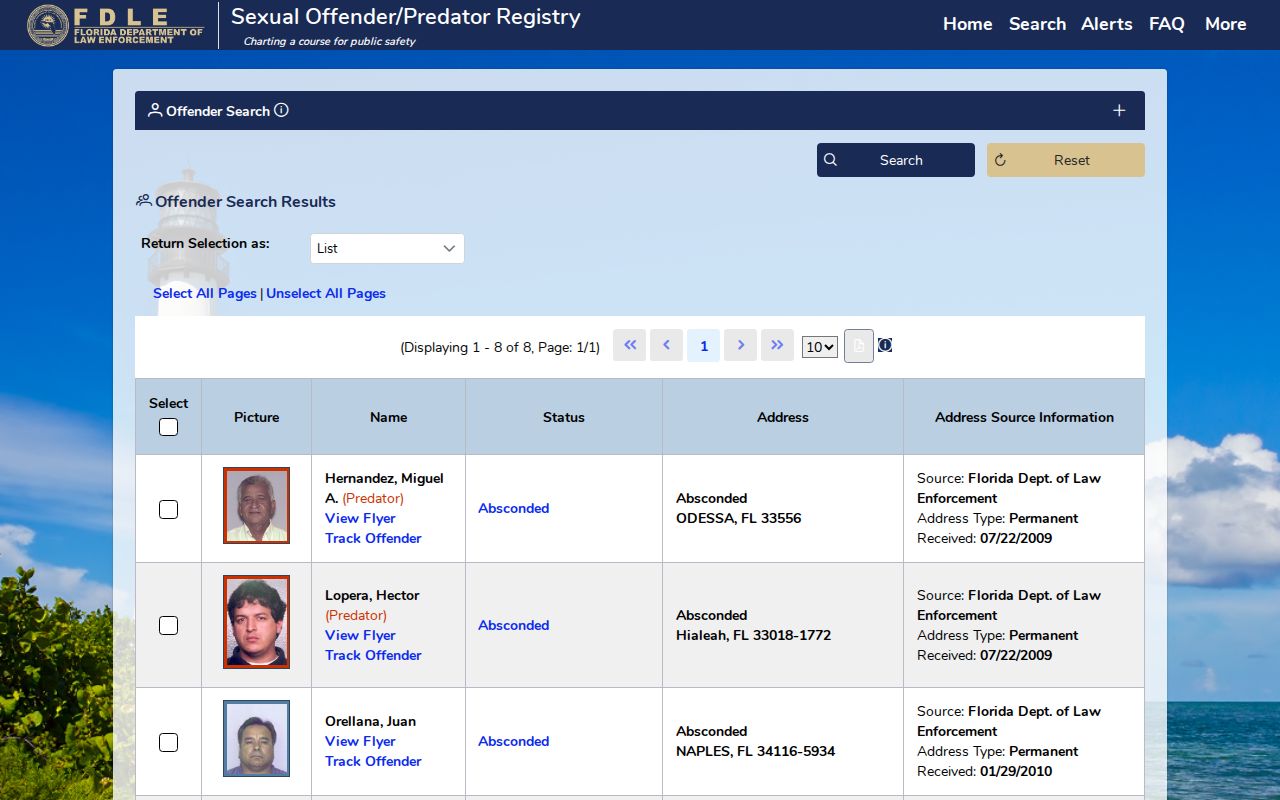 Miami-Dade County sex offender registry information page